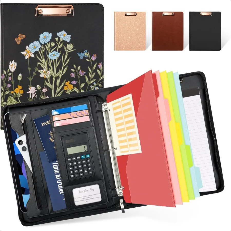 

Leather Portfolio Folder with Zipper 3 Ring Binder with Clipbard Calculator 12.1 Tablet Sleeve 5 Dividers with 10 Pockets Refil
