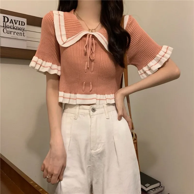 Short-sleeved T-shirts Women Summer French Style Ruffles Peter Pan Collar Bow Lace-up Office Lady Daily Basics Short Tops Female