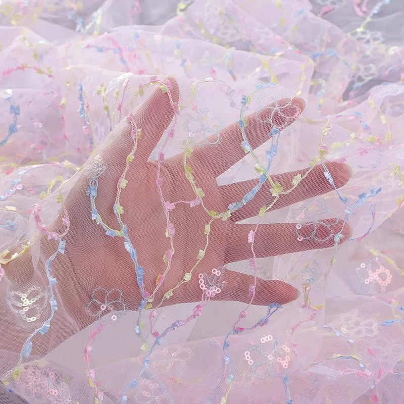 91x130CM Per Yard Colorful Rope Sequine Lace Embroidered Printed Net Fabric DIY Clothes Wedding Dress Tutu Skirt Curtain