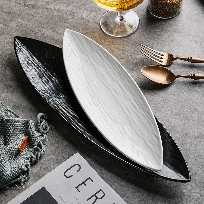 Long Japanese Leaf Plate, Sashimi Snack Sushi Plate, Commercial Ceramic Long Platter, Restaurant and Hotel Cooking Cutlery