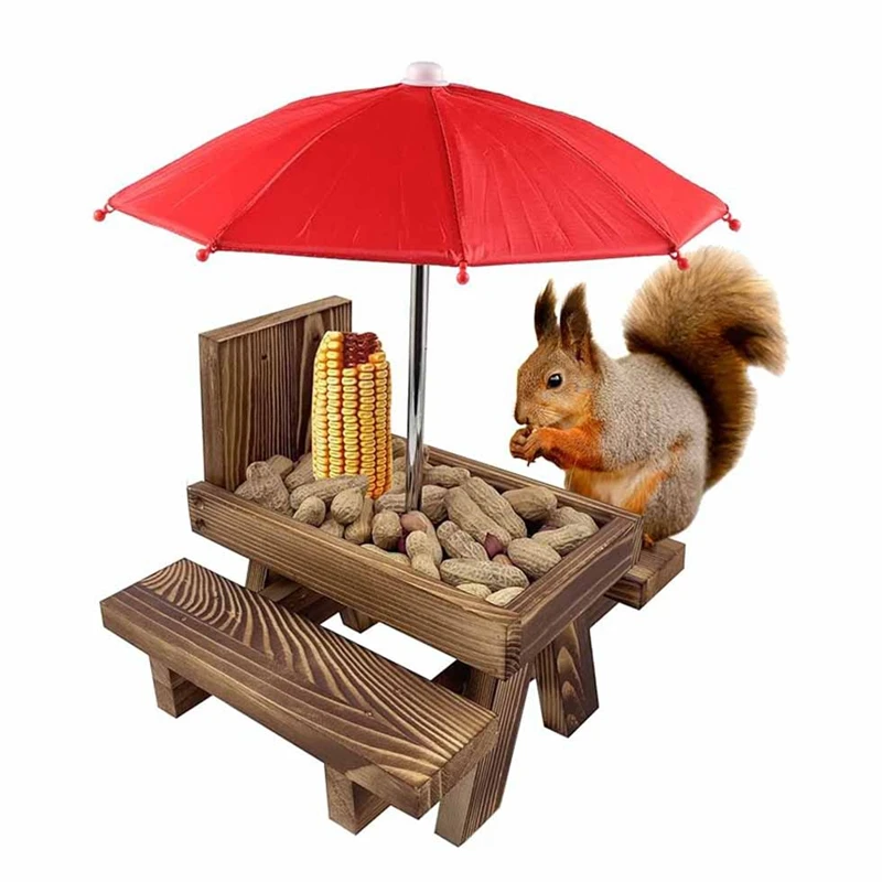 Squirrel Feeder Picnic Table With Umbrella,Wooden Squirrel Feeders For Outside,Cute Chipmunk Feeder+Solid Structure Durable