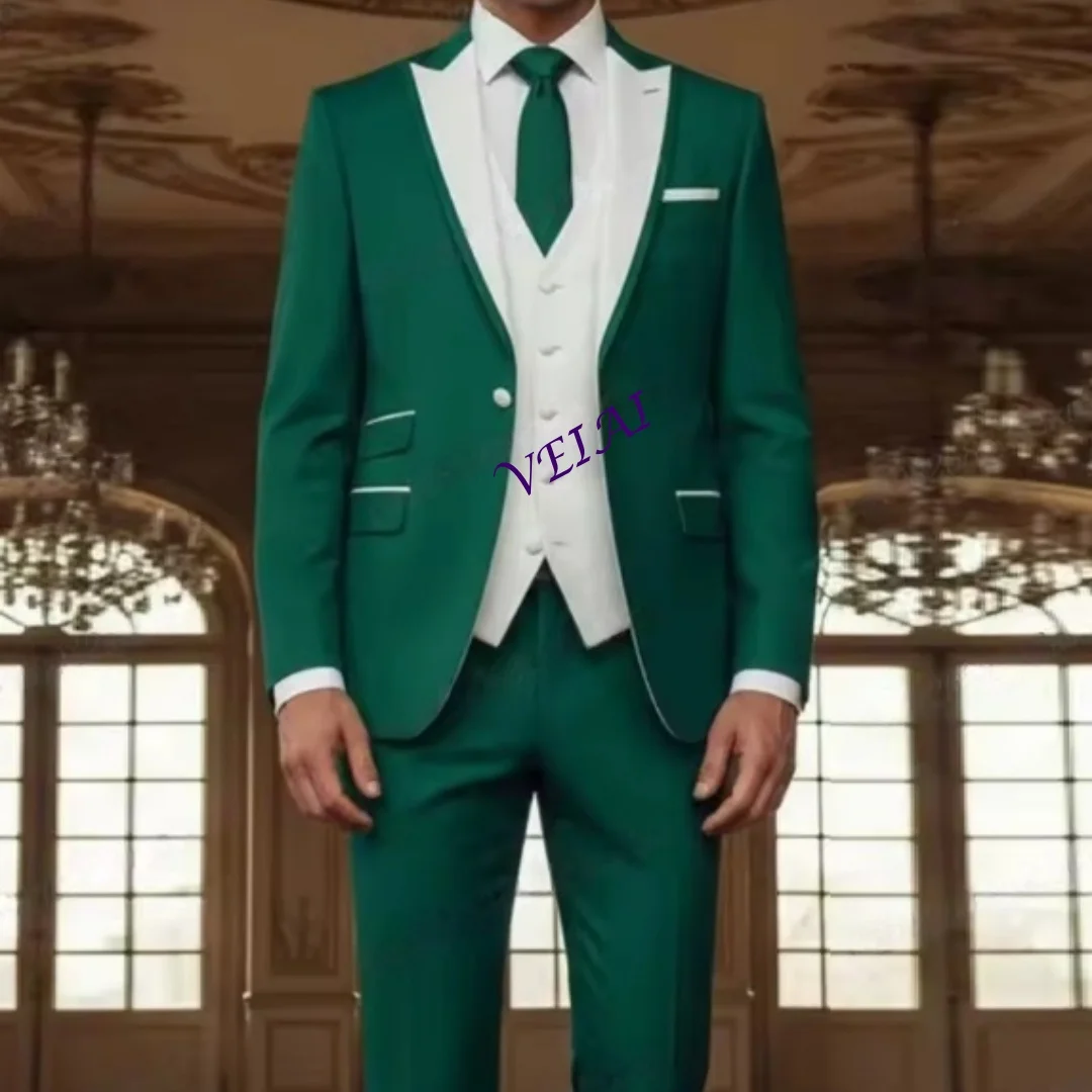 

CustomizedWhite And Green Men Suit Formal Groom Groomsman Wedding Party Prom Business Male Tuxedos 3 Piece Set Blazer Vest Pants