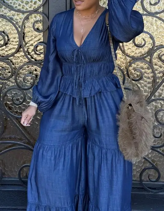 

Women's Two-Piece Set Temperament Elegant Faux Denim Lantern Sleeve Plunge V Neck Lace Up Top & Casua Wide Leg Flared Pants Set