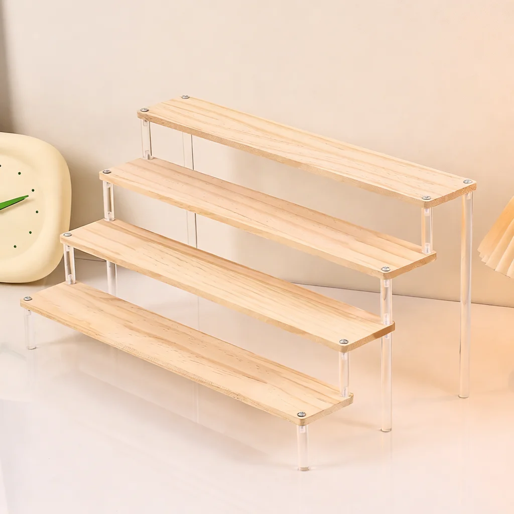 Wooden Step Display Shelf Organizer For Anime Figures Perfume Toys Jewelry Storage Stand Desktop Acrylic Model Holder