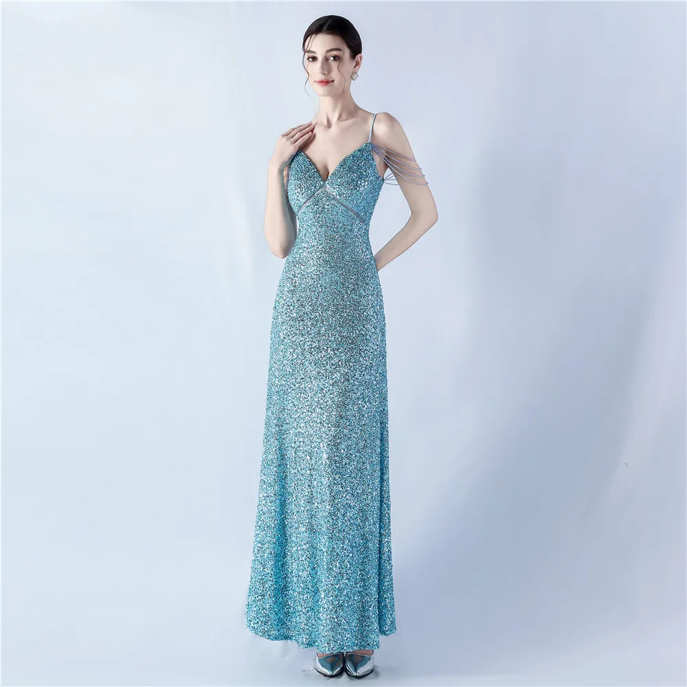 Sladuo Women's Elegant V Neck Sleeveless Tulle Hem A-Line Sequins Maxi Dress Long Mermaid Evening Party Formal Dresses