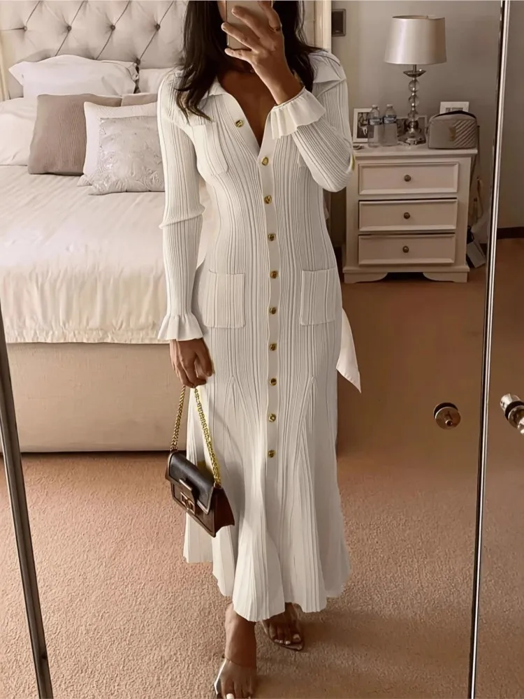 فستان محبوك أنيق للنساء ذو طية صدر السترة النحيفة وأكمام مضيئة وجيوب فساتين نسائية للخريف فساتين طويلة متينة فساتين عصرية #3