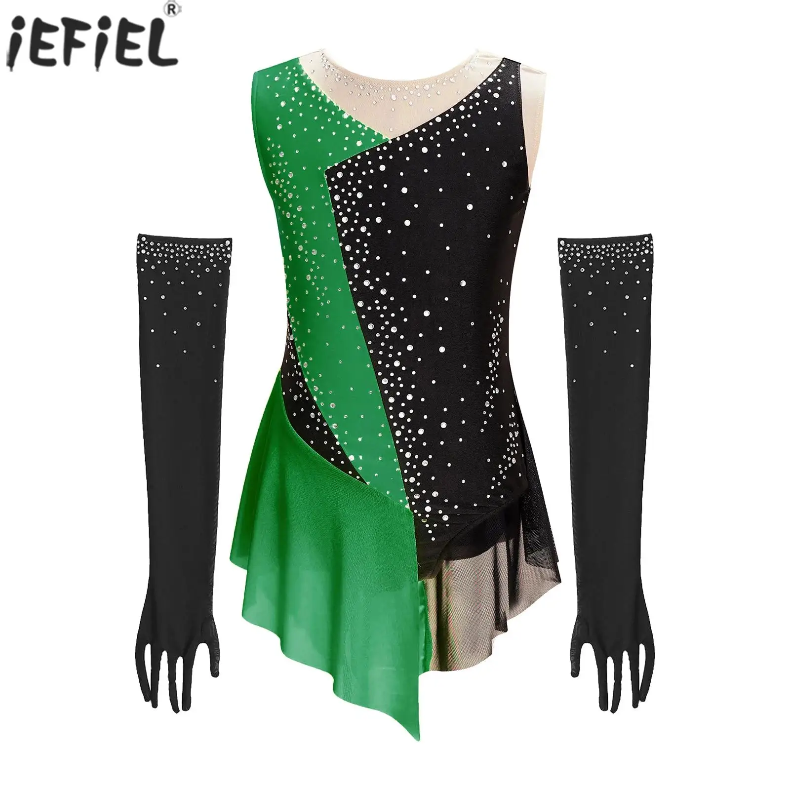 Kids Girls Latin Tango Salsa Dance Dress Figure Skating Rhythmic Gymnastics Costume Sleeveless Mesh Rhinestone Leotard+Gloves