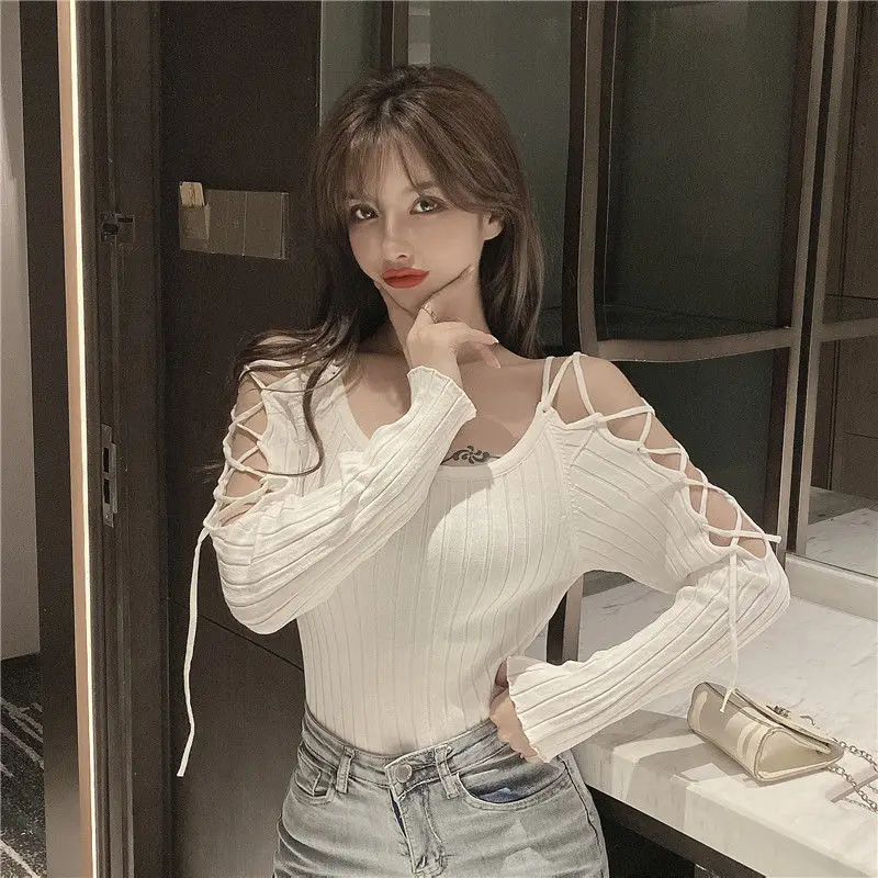 

Pullovers Women Off-shoulder Bandage Slim Sweater Design Elegant Sexy Cool Streetwear Club Fashion All-match Females Autumn New