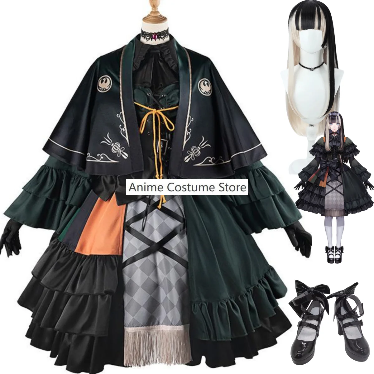 Virtual Youtuber Juufuutei Raden Cosplay Costume Hololive Regloss Wig Black Dress Lolita Shoes Woman Sexy Kawaii Carnival Suit