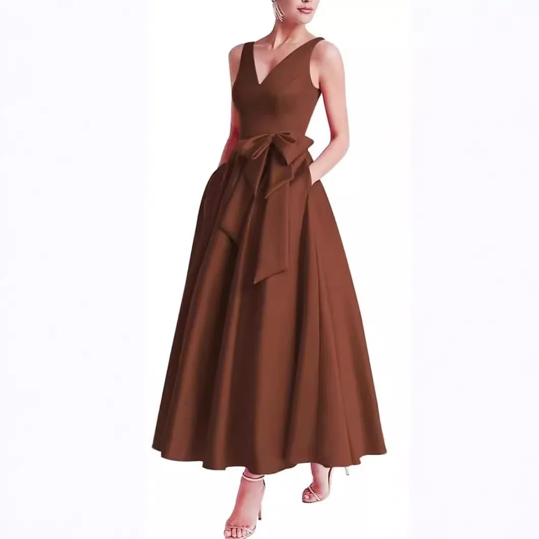 

V Neck Bow Mother of The Bride Dresses Evening Dresses With Pockets A Line Ankle Length Formal Evening Gowns Vestido De Noche