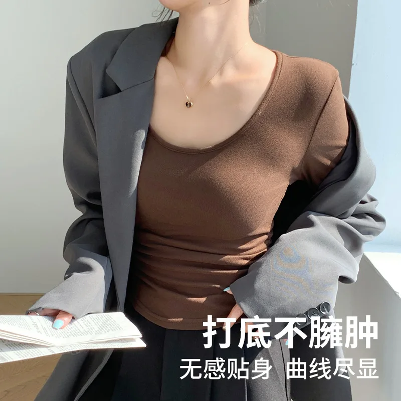 T shirt women 2026 fashion autumn spring long-sleeved waist-cinching figure-hugging skin-hiding top tshirt women's clothing