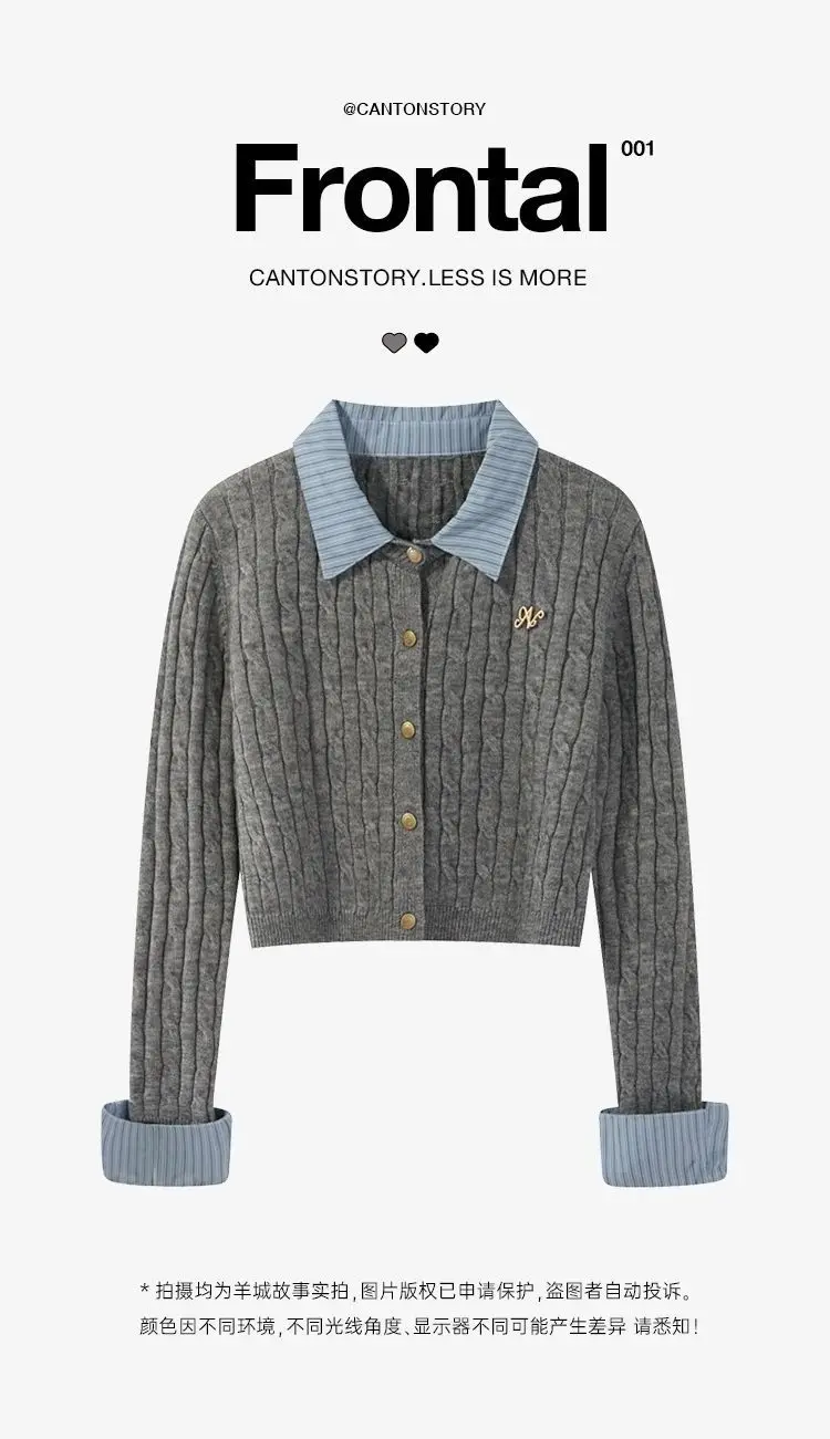 Grey Fake Two-Piece Spliced Polo Collar Long Sleeved Knitted Sweater for Women Autumn Winter College Style Short Outwear Top