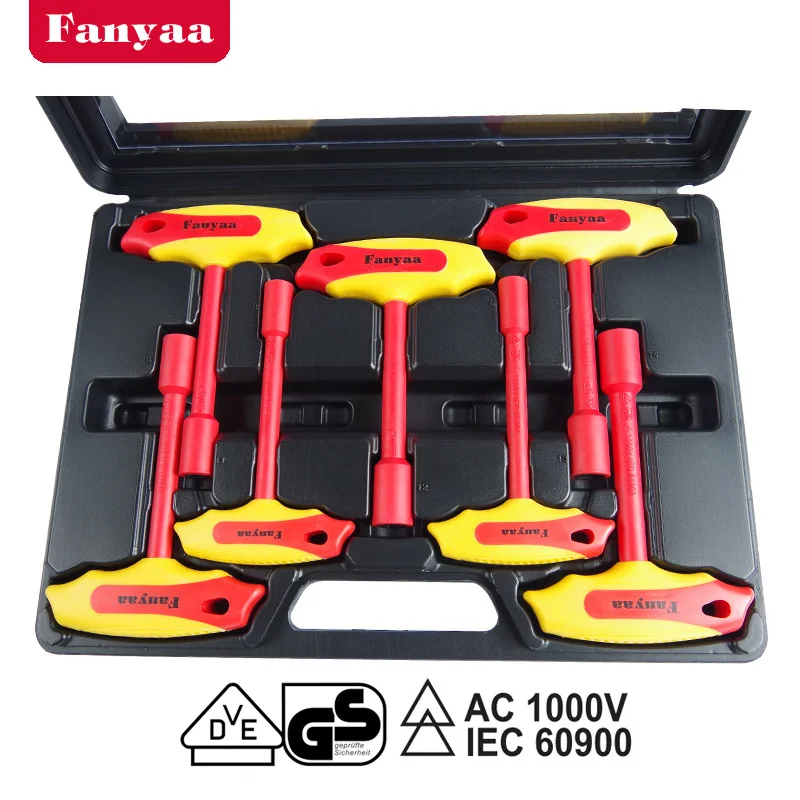 Fanyaa 8-14mm VDE Insulated T-Handle Nut Hex Key Wrench Sets 7pcs Electricians Tools 1000V AC Made In Taiwan