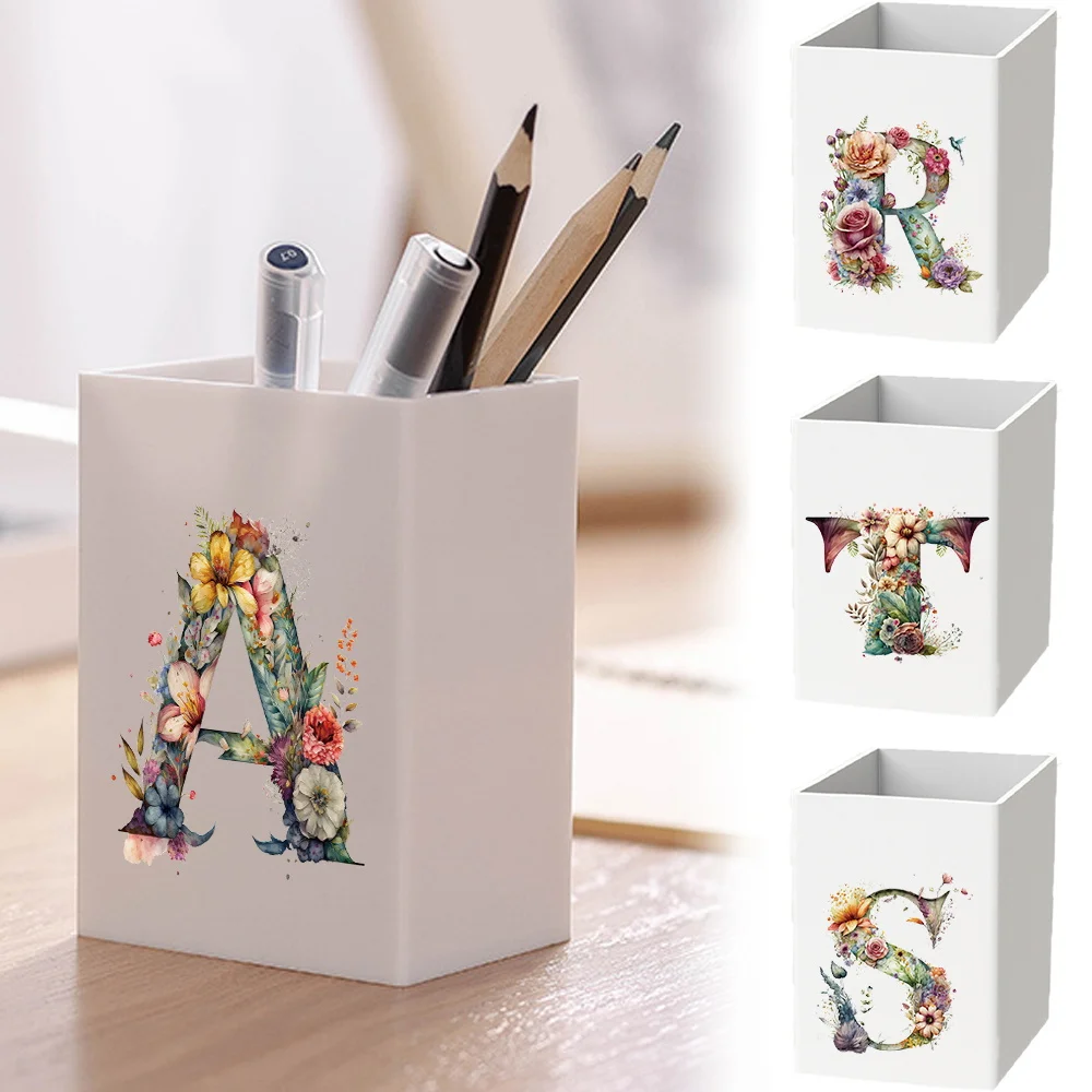 

Creative Acrylic Pen Storage Case Desktop Holder Portable Pen Storage Container Large Capacity Pencil Pot Floral Letter Pattern