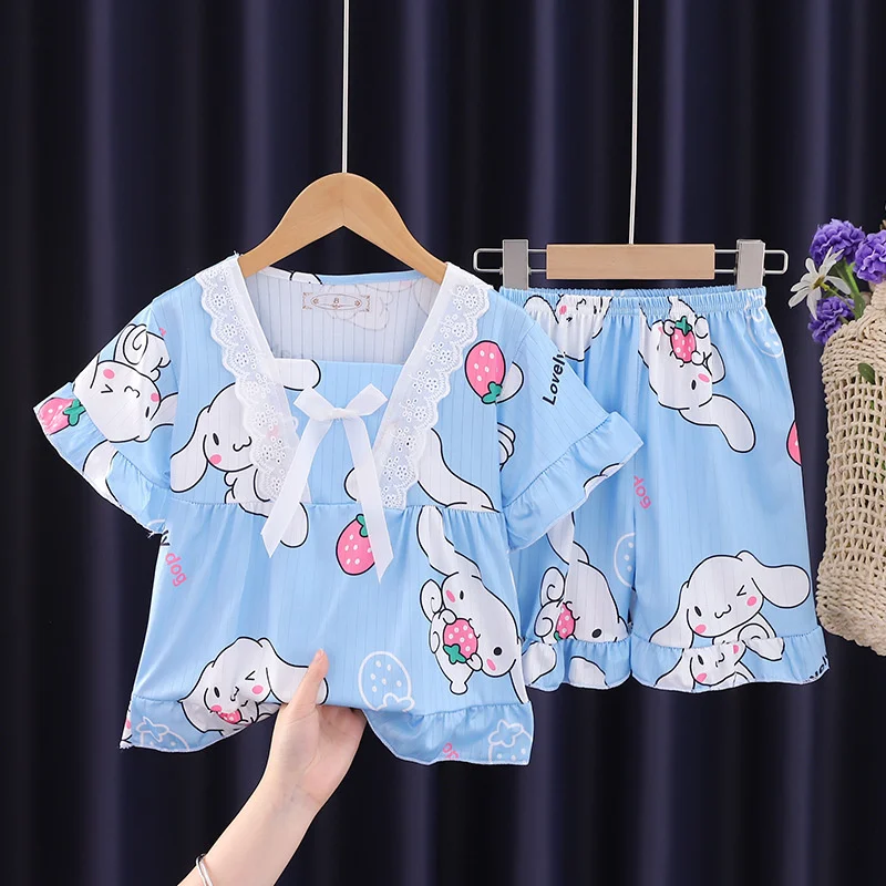 2024 Summer Girls Kawaii Clothes Pajama Sets Cute Kuromi My Melody Short Sleeve Kids Home Wear Sets Cartoon Children Sleepwear