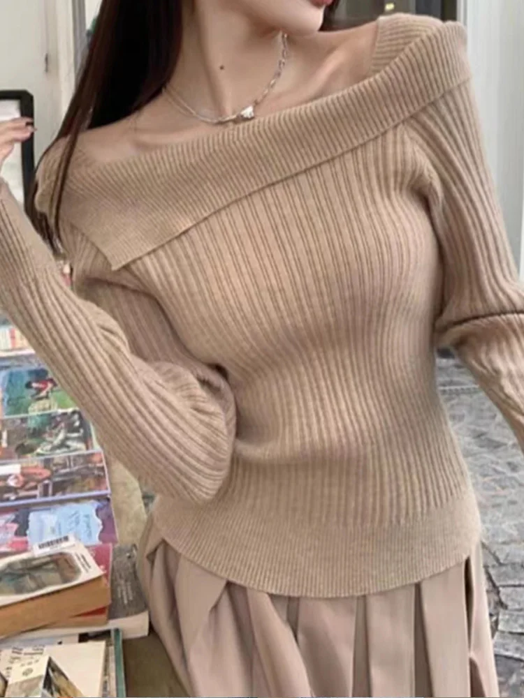 เสื้อไหมพรมแขนยาวสำหรับฤดูใบไม้ร่วงและฤดูหนาว ทรงเข้ารูป สไตล์ลำลอง คอเหลี่ยม ดีไซน์หรูหรา แฟชั่นสำหรับผู้หญิง