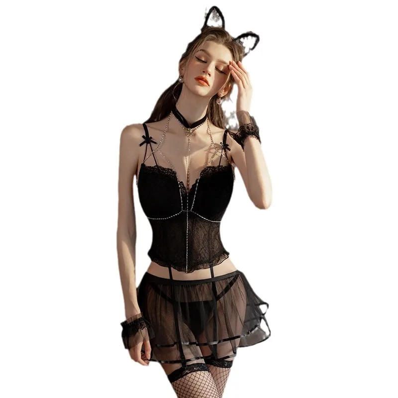 New Women's Sexy Mesh Transparent Lingerie Dress Night Club Two Pieces Cosplay Bunny Girl Fliter Babydoll Backless Nude Outfits
