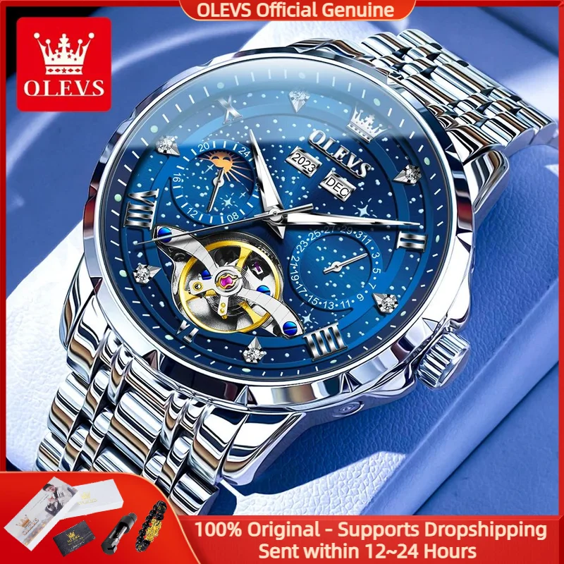 

OLEVS 6690 Blue Starry Sky Watch Men Skeleton Waterproof Multi functional Chronograph Luxury Brand Automatic Mechanical Watch