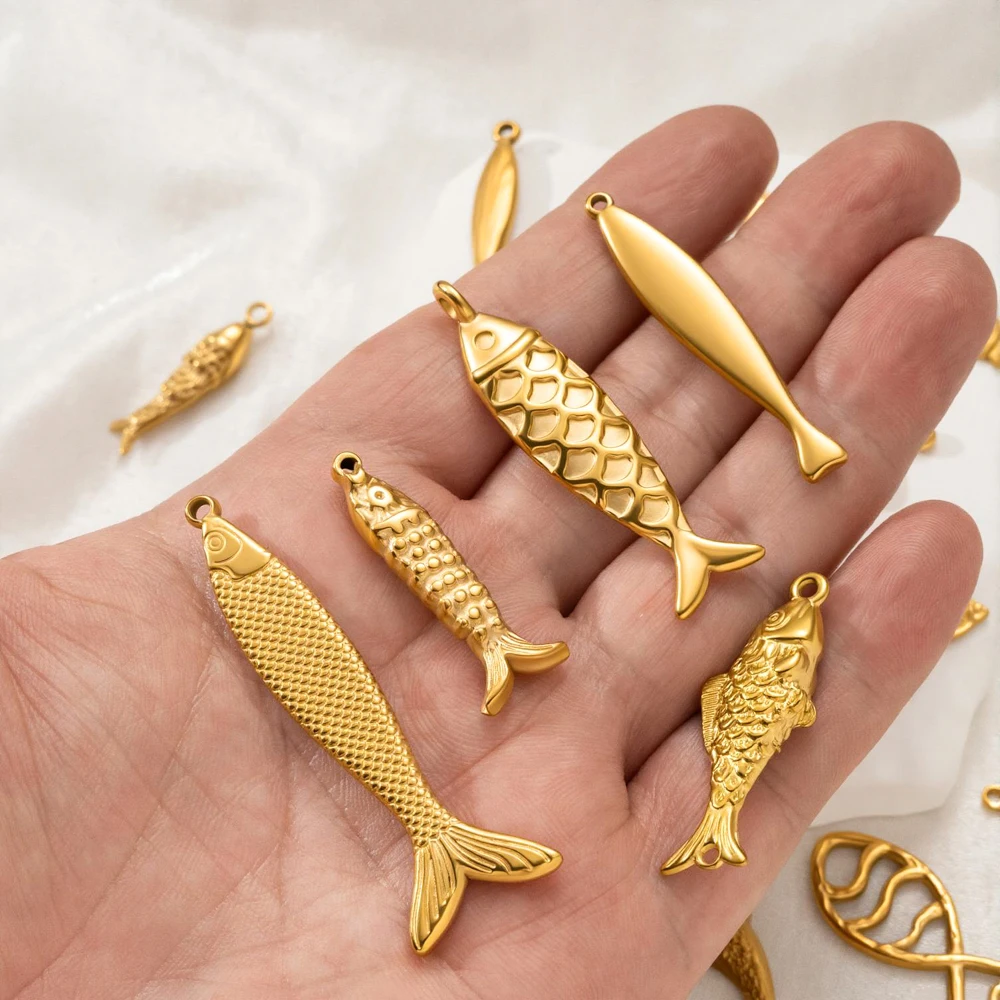 5pcs Stainless Steel 3D Fish Charm Pendant Gold Plated Animal Pendants for Necklace Bracelet Earring Diy Jewelry Making Supplies - view 4