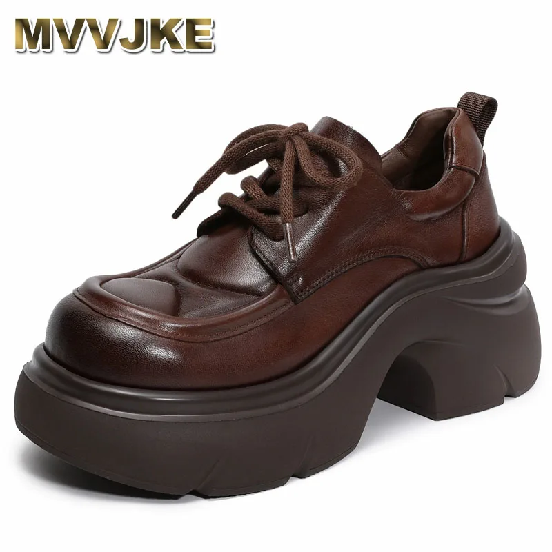 

Handmade Genuine Leather Shoes Women Retro Style Genuine Leather Thick High Heel Height Increasing Platform Casual Shoes