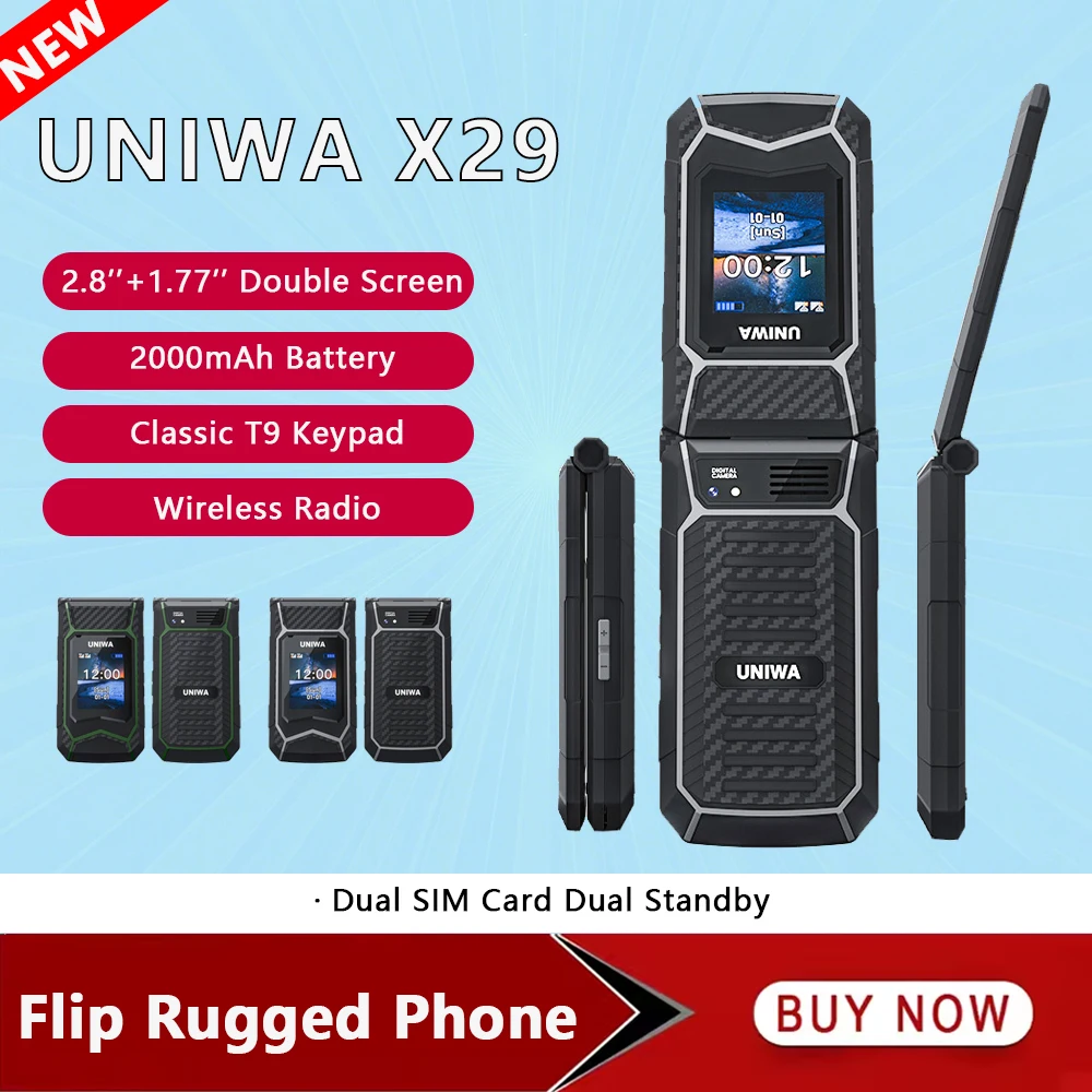 UNIWA X29 2.8 Inch Double Screen Dual SIM Card GSM Rugged Style Flip Phone 2000mAh Big Font Big Button For Senior Wireless Radio