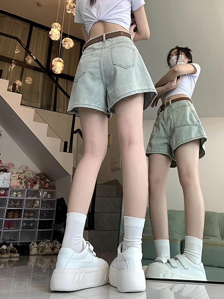 

Retro American High Waist Wide Leg Denim Shorts Women's plus Size Loose Fit A-Line Slimming Hot Pants Summer Cotton Blend