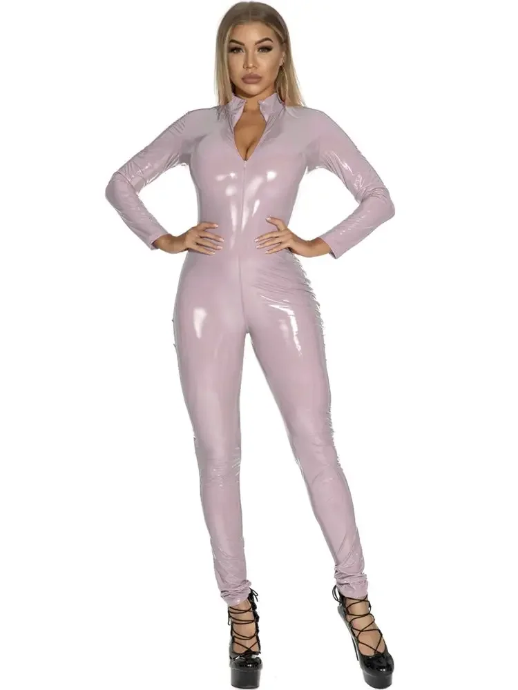 2024 New Sext Hot Wet Look PVC Catsuit Shiny PU Leather Long Sleeve Two Way Zipper Open Crotch Bodysuit Tights Cosplay Conjoined