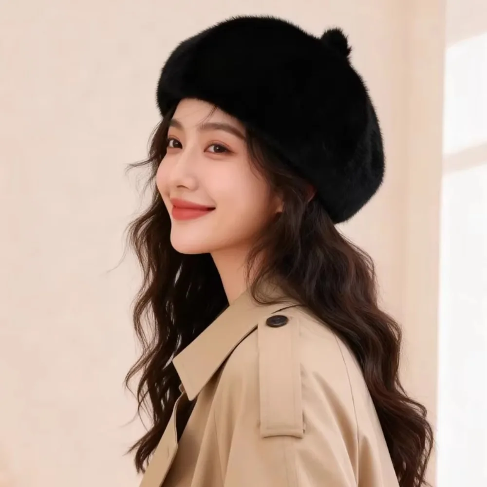 Leopard Print Faux Rabbit Fur Beret Solid Color Flush Furry Painter Beret Hat Keep Warm Thicken Octagonal Beanie Cap Women Girl