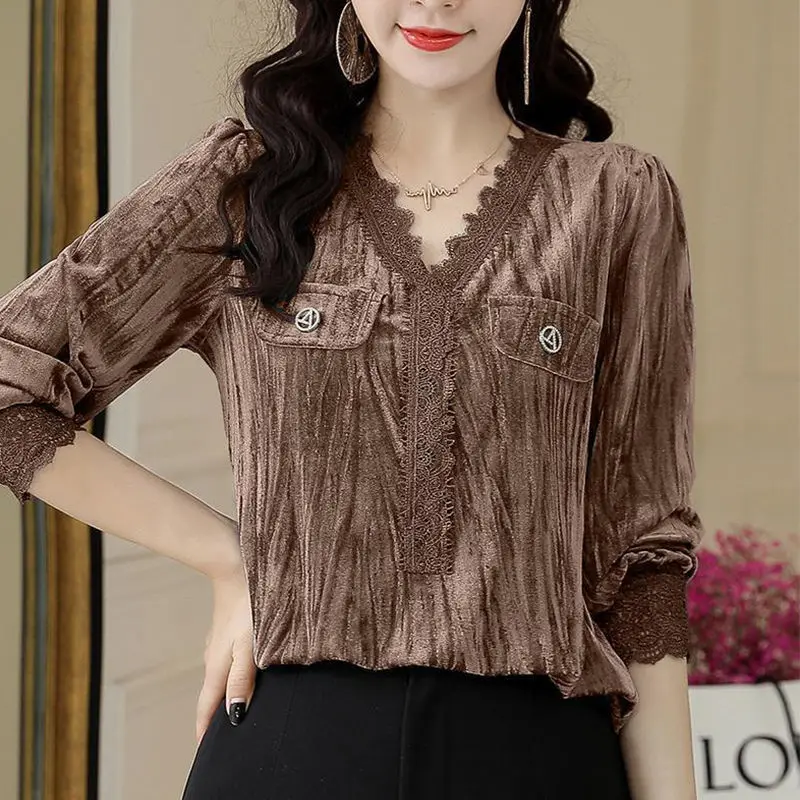 Multiple Colors Lace Spliced Puff Sleeve Blouse False Pocket Design V-Neck Golden Velvet Thin Metal Ornament Decoration Ladies