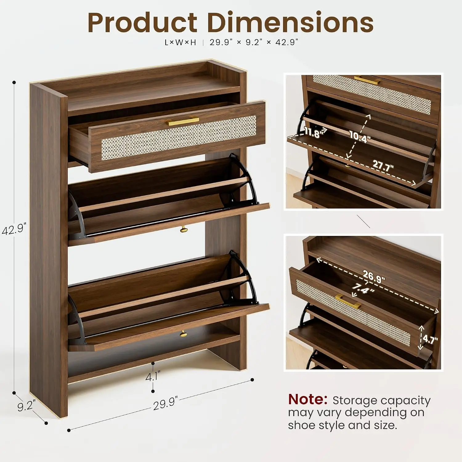 Rattan Shoe Cabinet Slim Flip Drawer Entryway Organizer 2-Tier Wooden, Customized