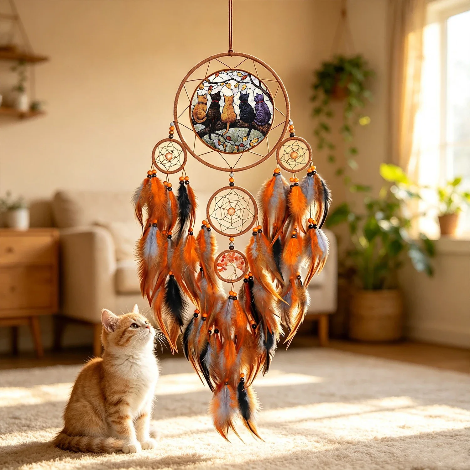 Cat Dream Catcher Wall Hanging Handmade Boho Dream Catcher with Feathers Cat Pattern Home Wall Decor Ornament for Bedroom