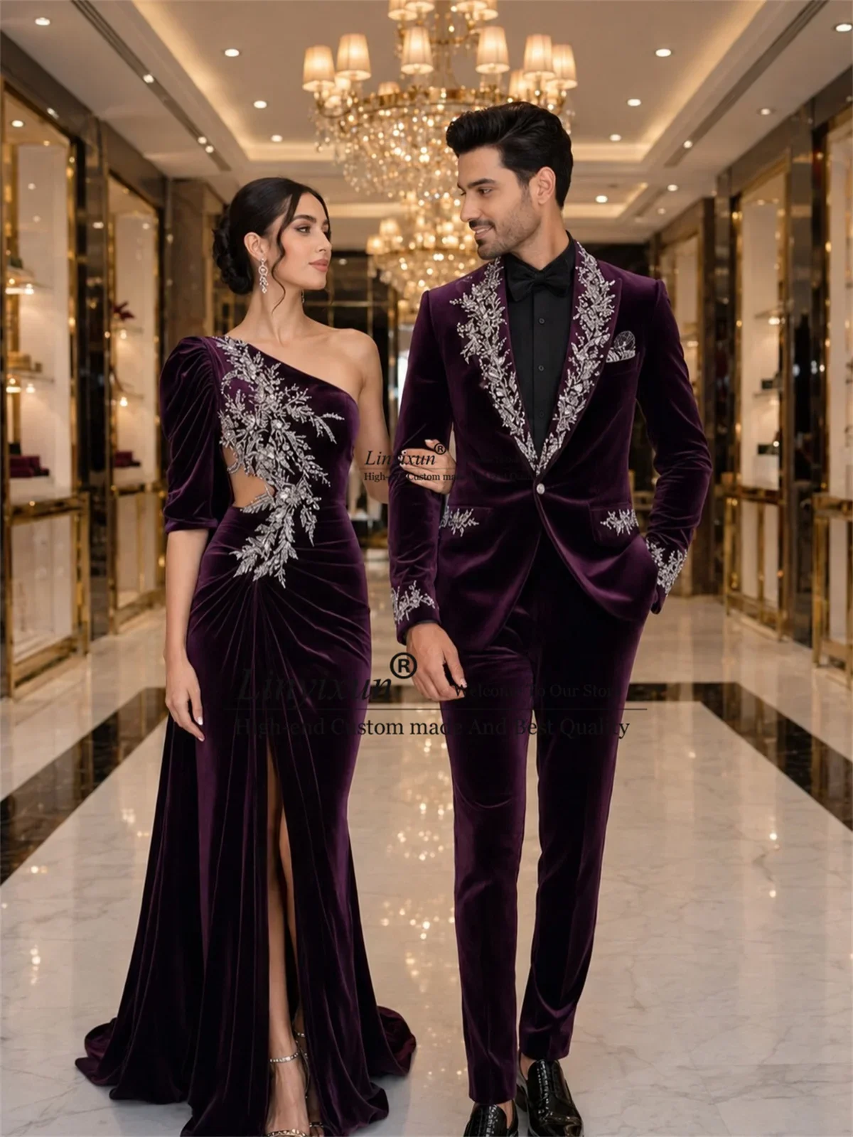 Shiny Embroidered Stone Men Suits Customized 2 Pieces Sets Groom Male Blazers Fashion Velvet Wedding Party Tuxedos Costume Homme