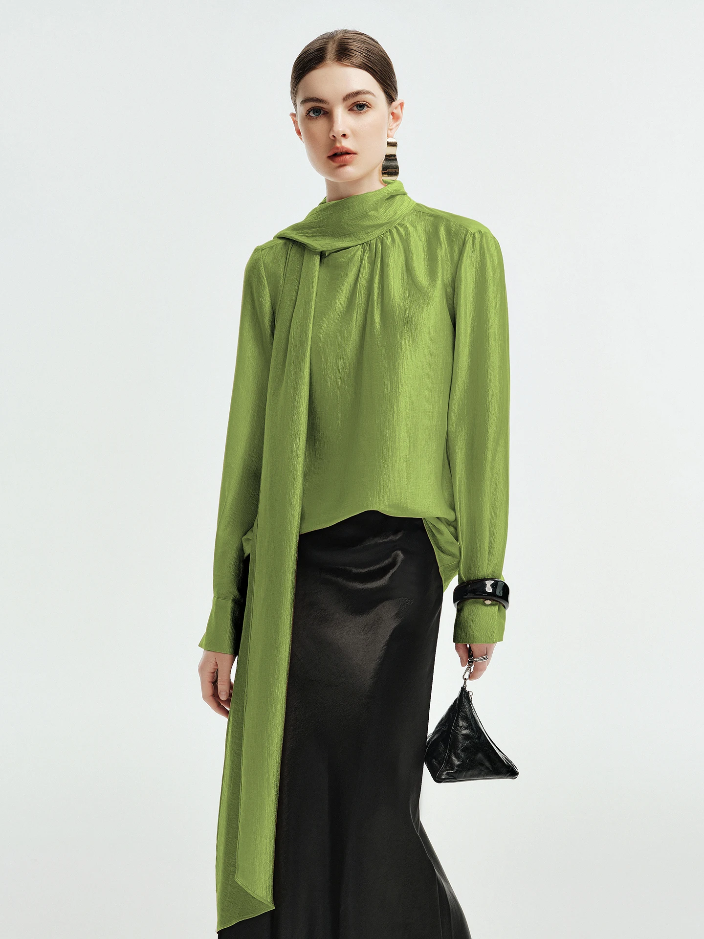 

Elegant Long Sleeve Sash Shirt for Women High End Design Green Acetate Office Wear Knowledgeable Styling Commute Friendly