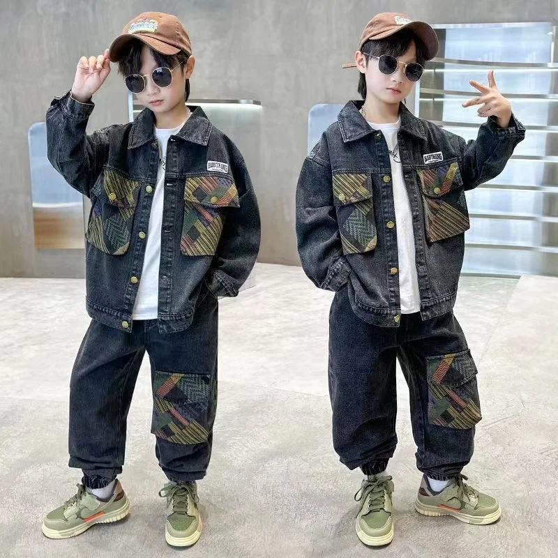 New Spring Autumn Tracksuit Kids Denim Set 2pcs 5-14 Years Fashion Patchwork Top Outerwear Coat + Jeans Kids Outfits 2024 New