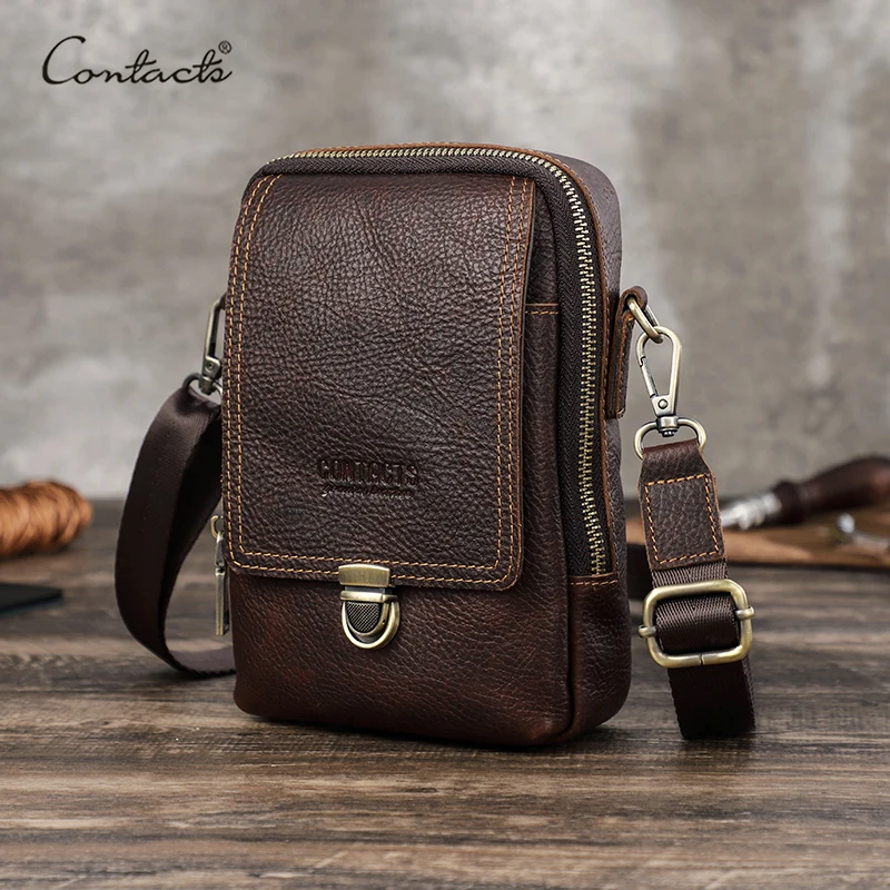 CONTACT\'S Genuine Leather Men‘s Small Messenger Bag Casual Crossbody Shoulder Bag with Cell Phone Pocket Travel Waist Pack Bag