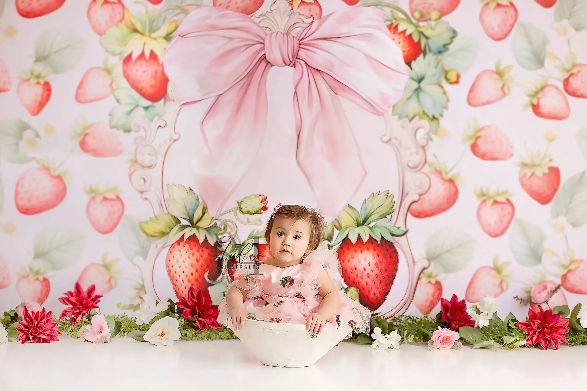 Strawberry Bow Photography Backdrop Kids Baby Cake Smash Photocall Props Child Girls Adult Birthday Party Backgrounds