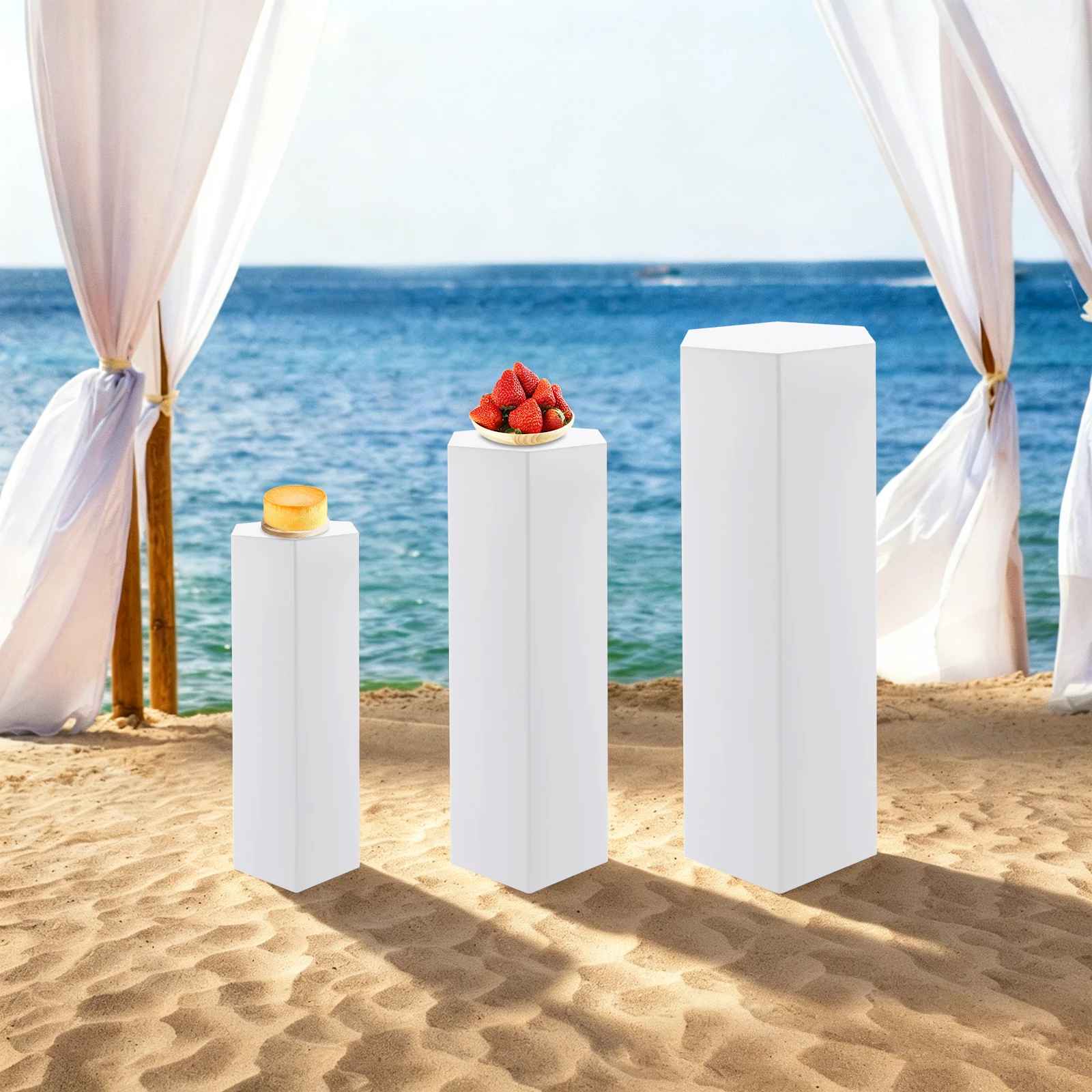 3-Piece Cake Display Stands, White Hexagonal Dessert Risers 60/75/90cm, Acrylic Food Stands for Wedding Boutique