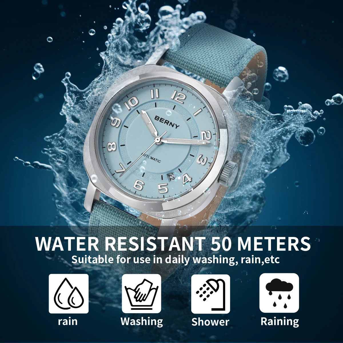BERNY reloj mecánico para hombres y mujeres, reloj de pulsera con cojín de 38mm, zafiro, manos súper luminosas, calendario de lona para hombres y