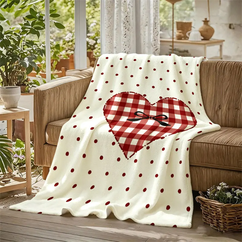 Gingham Heart Polka Dots Flannel Blanket Perfect for Sofa Office Bed Travel Sleep Read Relax Camping Four Season Use