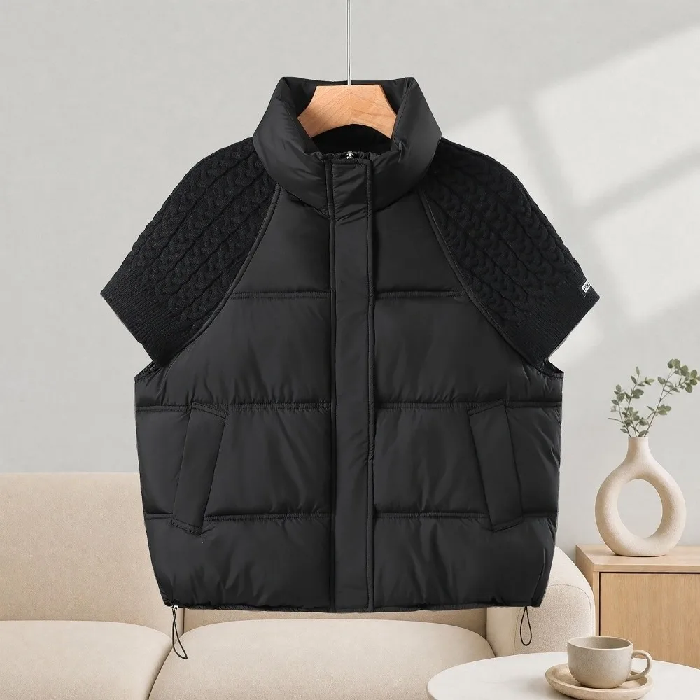 Warm Stitching Design Knitted Vest Loose Fit Warm Lining Stand-up Collar Vest Cotton Vest Layering Outfit