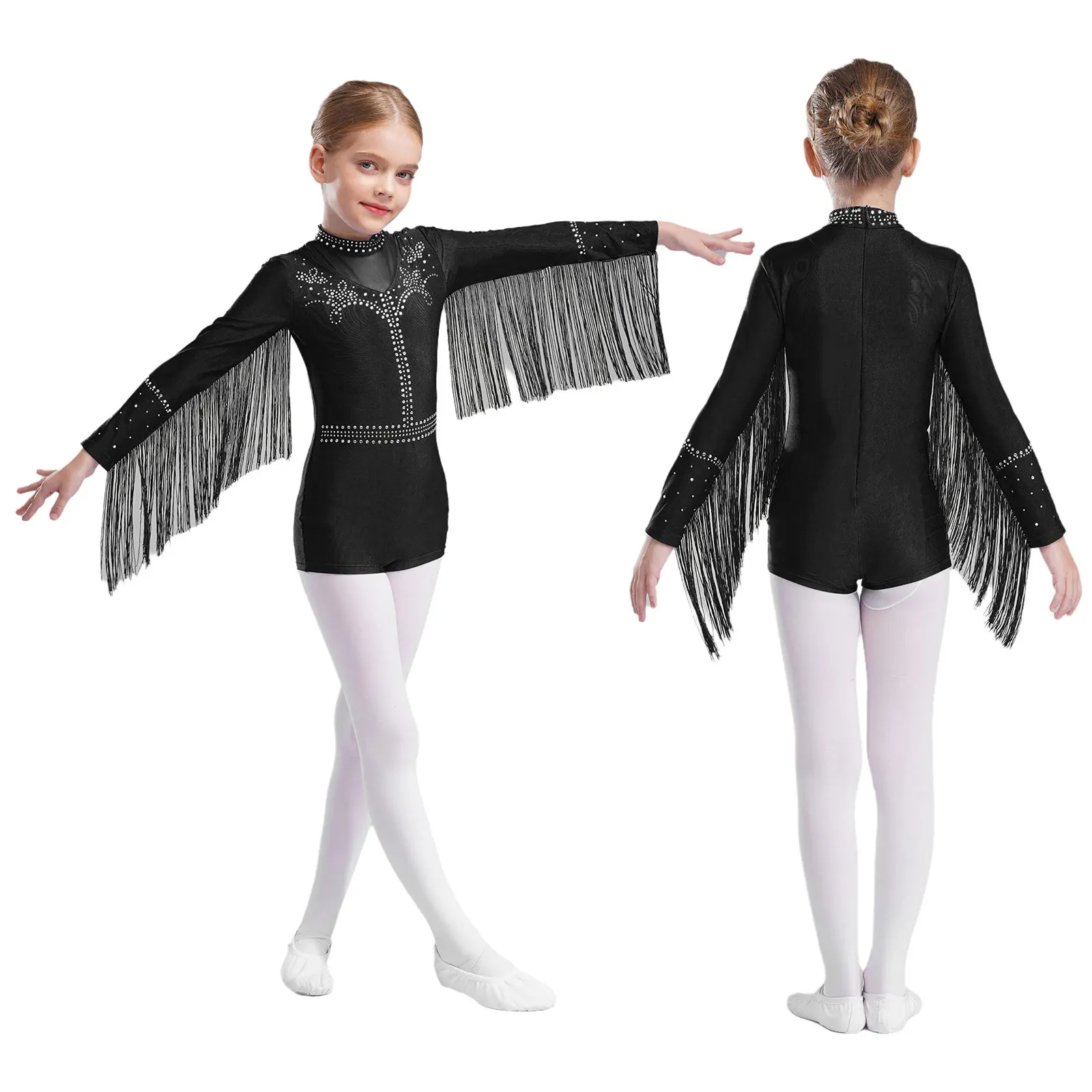 

Girls Sparkly Rhinestone Dance Leotard Long Sleeve Mock Neck Jazz Ballet Bodysuit with Tassels & Fringe for Stage Performance