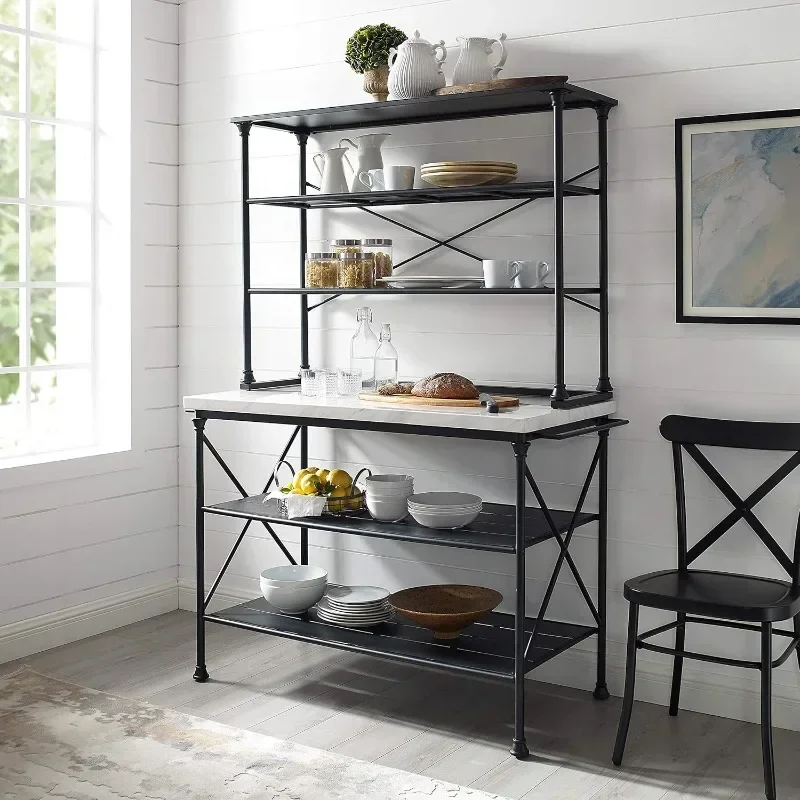 2-Piece Kitchen Island and Hutch Set, Steel with Faux Marble Top