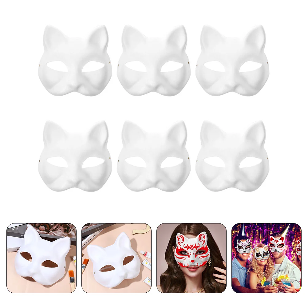 6 ชิ้น Blank Mask Party DIY ภาพวาดสีขาวหน้ากากพรหมกระดาษ Stage Performance Props อุปกรณ์แต่งหน้าสัตว์แมว