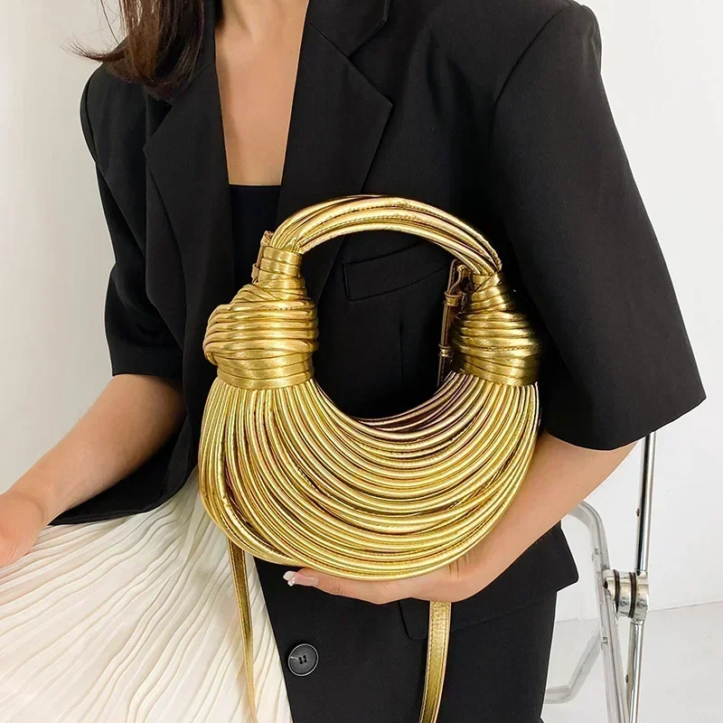 

Handbags for Women Gold Luxury Designer Handwoven Noodle Bags Rope Knotted Pulled Silver Evening Clutch Chic Holder Container