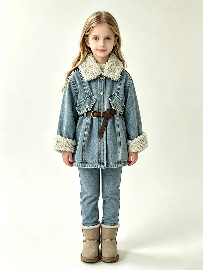 Kids Winter Warm Demin Coats Girls Fashion Thick Plush Outerwear With Belt Children Outdoor Thermal Comfortable Long Jacket