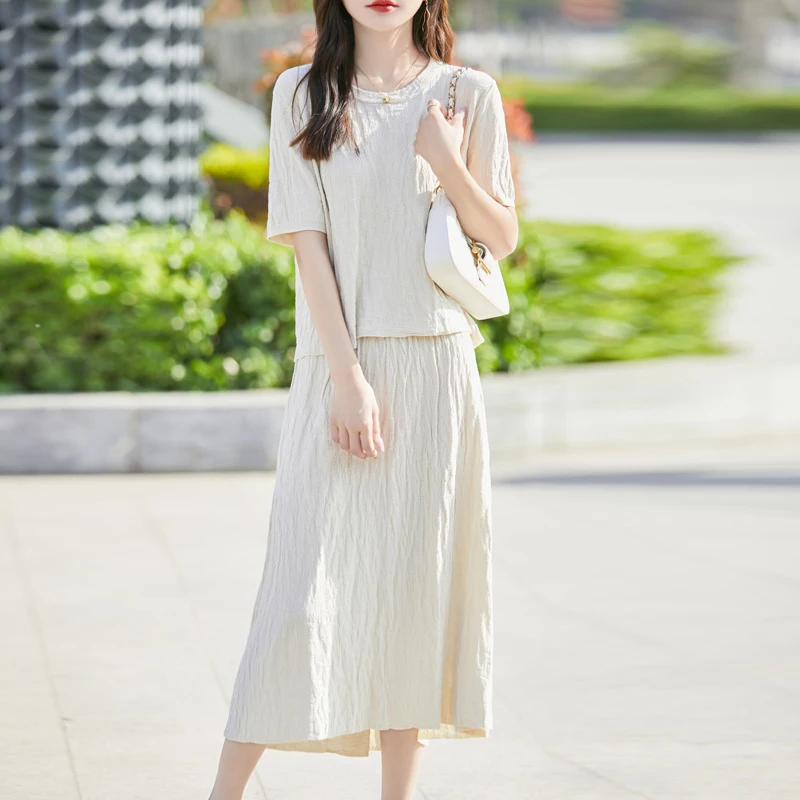 Summer New Women's Dress Set Round Neck French Style Short Sleeve Exquisite Fashionable Textured Long Dress Viscose Set