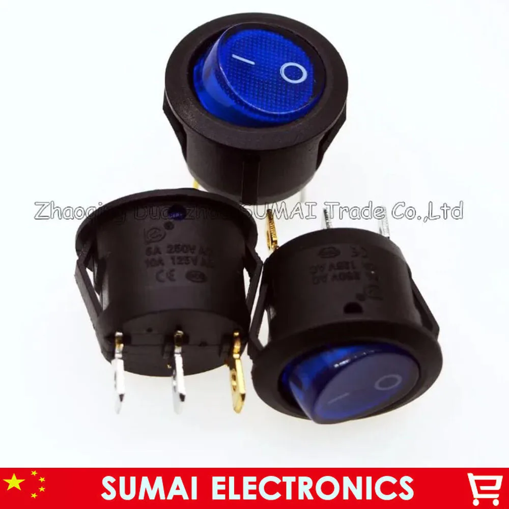 3Pin LUMINATED Round Rocker Switchs,Blue Light Button Switch,10A/125VAC,6A /250VAC,Dia:20mm