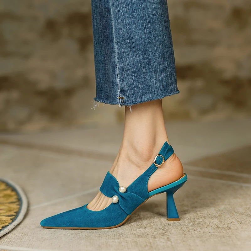 2022 New Spring Suede Leather Slingbacks Pumps Fashion Pointed Toe Shallow High Heels Buckle Strap Heels for Women Women Shoes