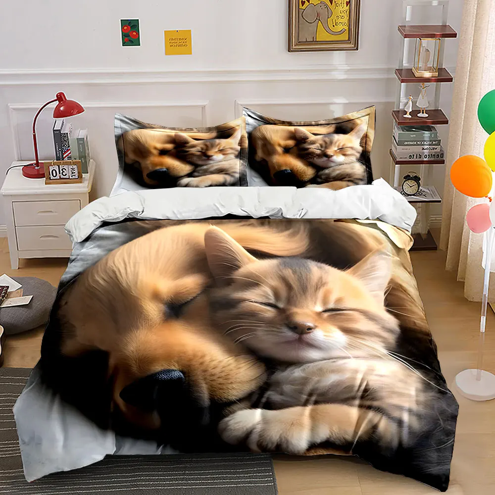 Cozy cuddling dog and kitten sleeping Bedding Set for Kids Luxury Gift 3pcs Digital Print Comforter Set Soft Comfortable