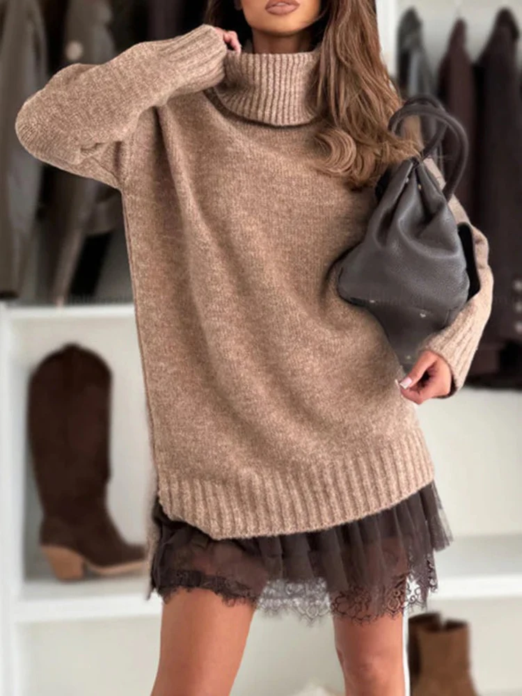 2026 Fashion Long Sleeve Patchwork Lace Dress Women Casual Turtleneck Sweater Dress Sexy Spring Solid Party Mni Female Dresses